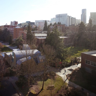 an aerial view of campus and First Hill hospitals in the winter sun