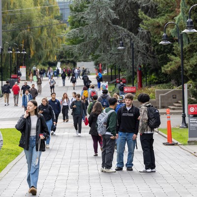busy lower mall filled with students walking to and from classes
