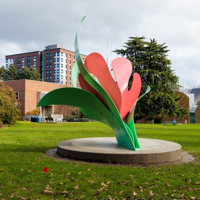 Tulip sculpture on campus lawn