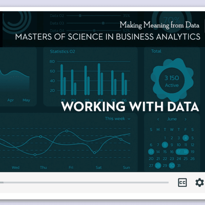 A slide with multiple graphs of data, with the heading Making Meaning from Data, Masters of Science in Business Analytics: Working with Data