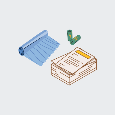 Graphic with drawings of plastic wrap, a pile of papers, and batteries