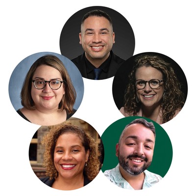 Headshots of five HELA alumni arranged in a circle