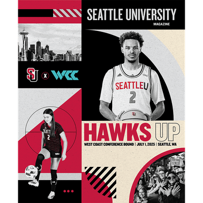 The cover of Seattle University Magazine. With a collage of sports players, shapes and photographs of the city of Seattle and students. The text reads 