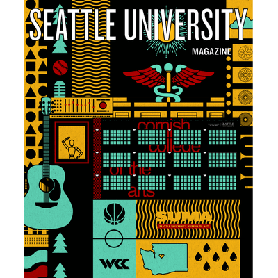 A graphic illustration of Cornish, Nursing, Art, and Athletics with the Seattle University Magazine masthead
