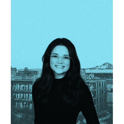 A black and white cut out photo of Elyse Vincent against a campus background