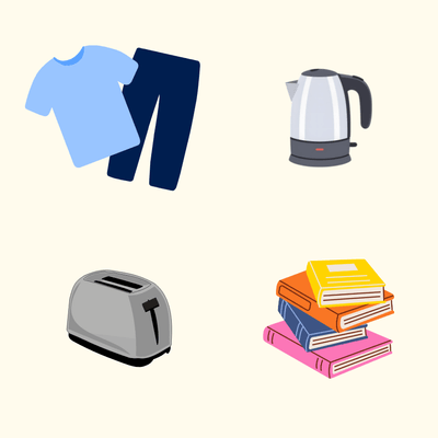 Graphics of clothing, a toaster, a kettle, and books