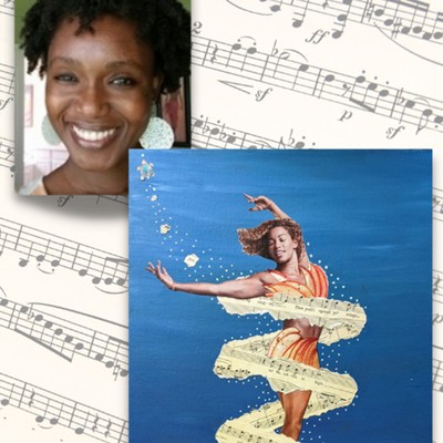 Photo of Adetola Abatan with a collage of a woman underwater with sheet music wrapping around her