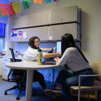 A student and an advisor looking at a screen in an office