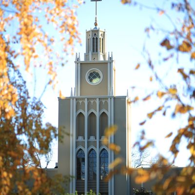 The iconic Administration Building seen through golden fall leaves