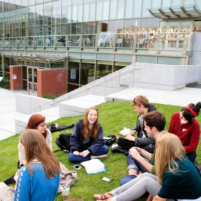 Students sitting outside the library on grass reading books and laughing in a circle.