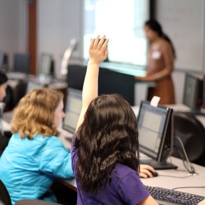 Students raising hands in computer lab