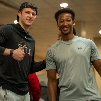 Two students posing in residence hall
