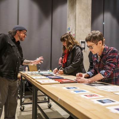 Faculty and students in the Makerspace