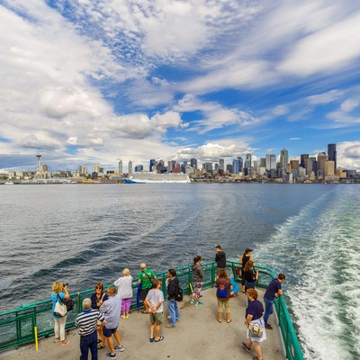 View of Seattle skyline from the deck of a ferry