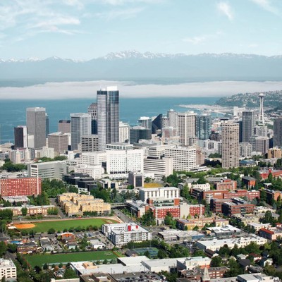 An aerial view of the seattle skyline.