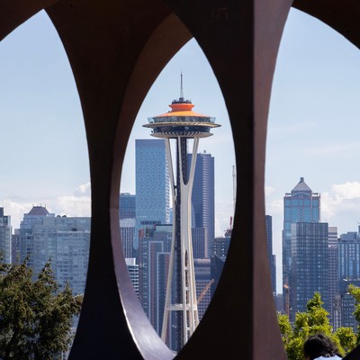 Space Needle framed by sculpture
