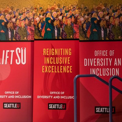 A banner that says LIFT SU, a banner that says Reigniting Inclusive Excellence, and a banner that says Office of Diversity and Inclusion.