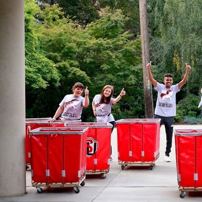 students with red carts