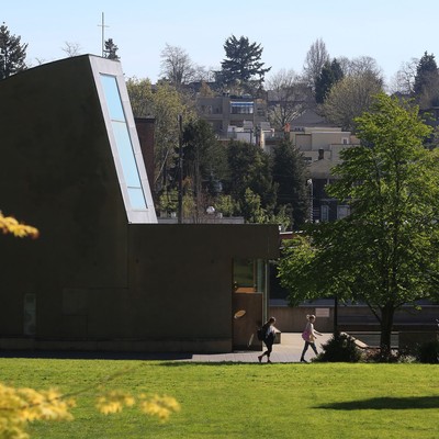 Springtime on campus looking at the chapel