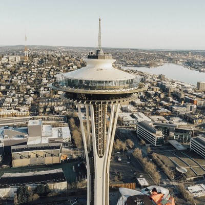 Space Needle against Seattle buildings
