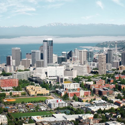 An aerial view of the seattle skyline.