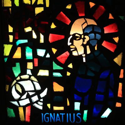 Stained glass art work of Saint Ignatius of Loyola, the founder of the Society of Jesus (the Jesuit order) on campus at Seattle University