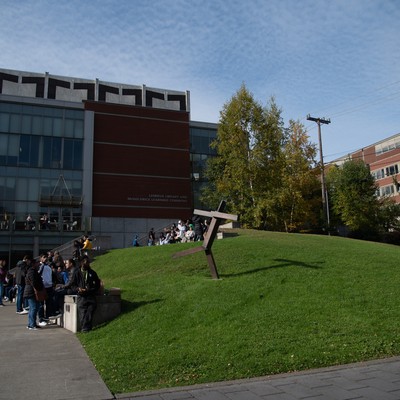Groups gathered in the library plaza