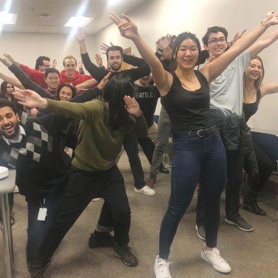 A group of students doing a team building activity