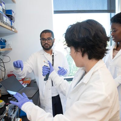 Assistant professor of Chemistry Christopher Whidbey, Ph.D. left, works with students, junior Megan Bigalk of Seattle, center and junior Tusani Nhleko of Pretoria, South Africa, right while they determine the proteins in different gel samples.