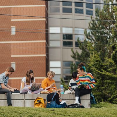 Four students sitting on a bench in the library plaza