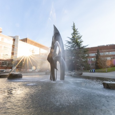 A fountain in front of a building with trees in the background.