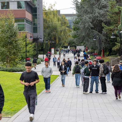A group of people walking down a sidewalk in a park.