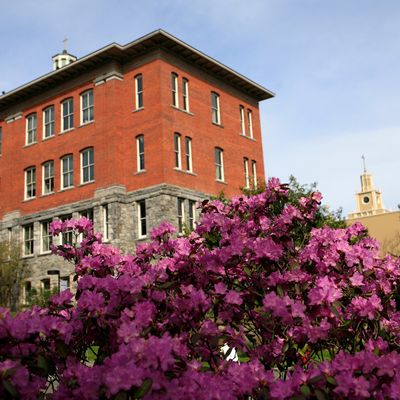 Spring in bloom on campus with Garrand Building and the Administration Building in the background