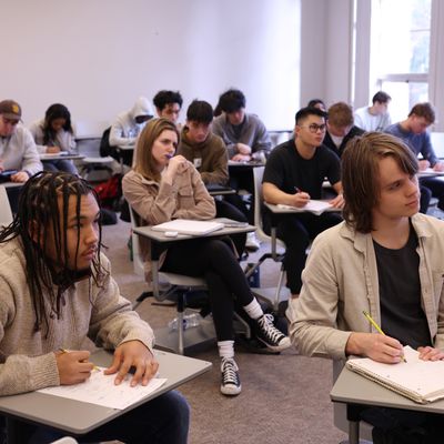 students listening to a lecture in a classroom
