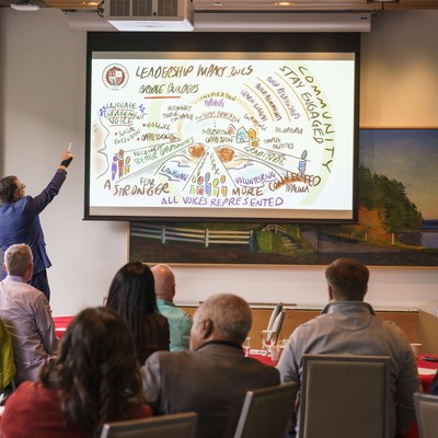 A teacher gesturing at a screen full of diagrams