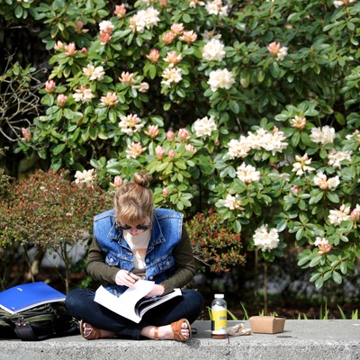 student flipping through textbook pages while eating lunch