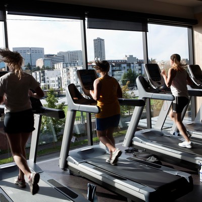 A group of people running on tread machines in a gym.