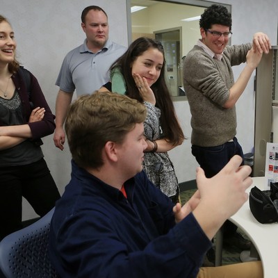 Students and faculty in the media center
