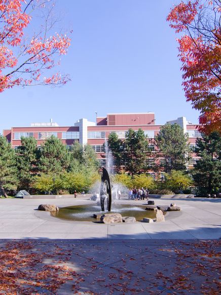 Fountain at the Quad with fall foliage