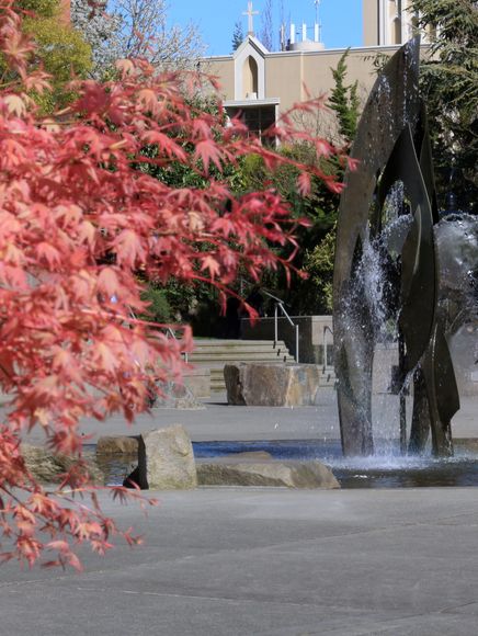 Quad Fountain with bright spring foliage