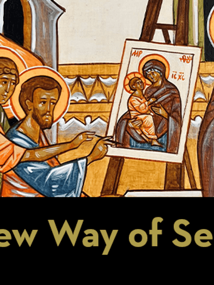Simple Flyer Spring Catholic Heritage Lecture. Canvas painting of religious figures and black rectangle at the bottom that reads in yellow letters 