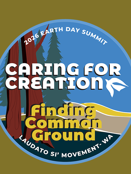 Finding Common Ground flyer. Landscape of water and trees on a circle. Letters read title and subtitle of event.