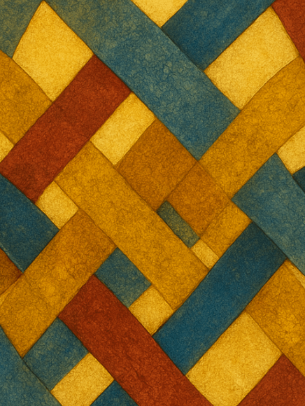 Blue, yellow and red interwoven ribbons.