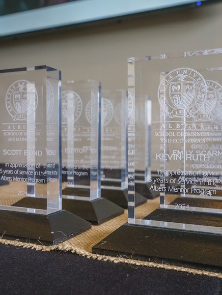 Awards lined up on a table