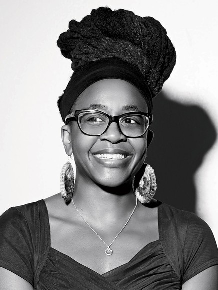 Headshot image of Nnedi Okorafor in black and white.