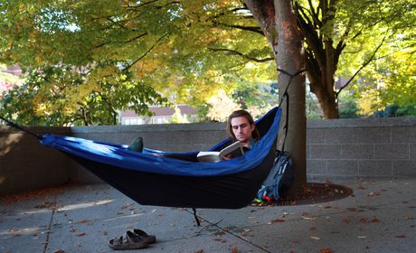 Student reading on campus in trees