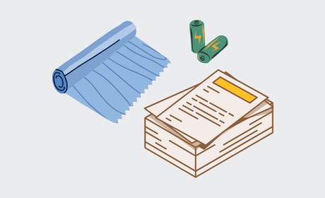 Graphic with drawings of plastic wrap, a pile of papers, and batteries