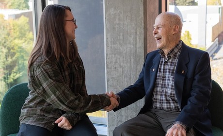 Scholarship recipient Paige Stime meets with Dick Schwaegler during a recent campus visit.