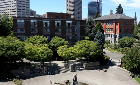 The centennial fountain on a clear day
