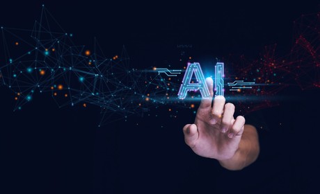 A person touching a glowing digital 